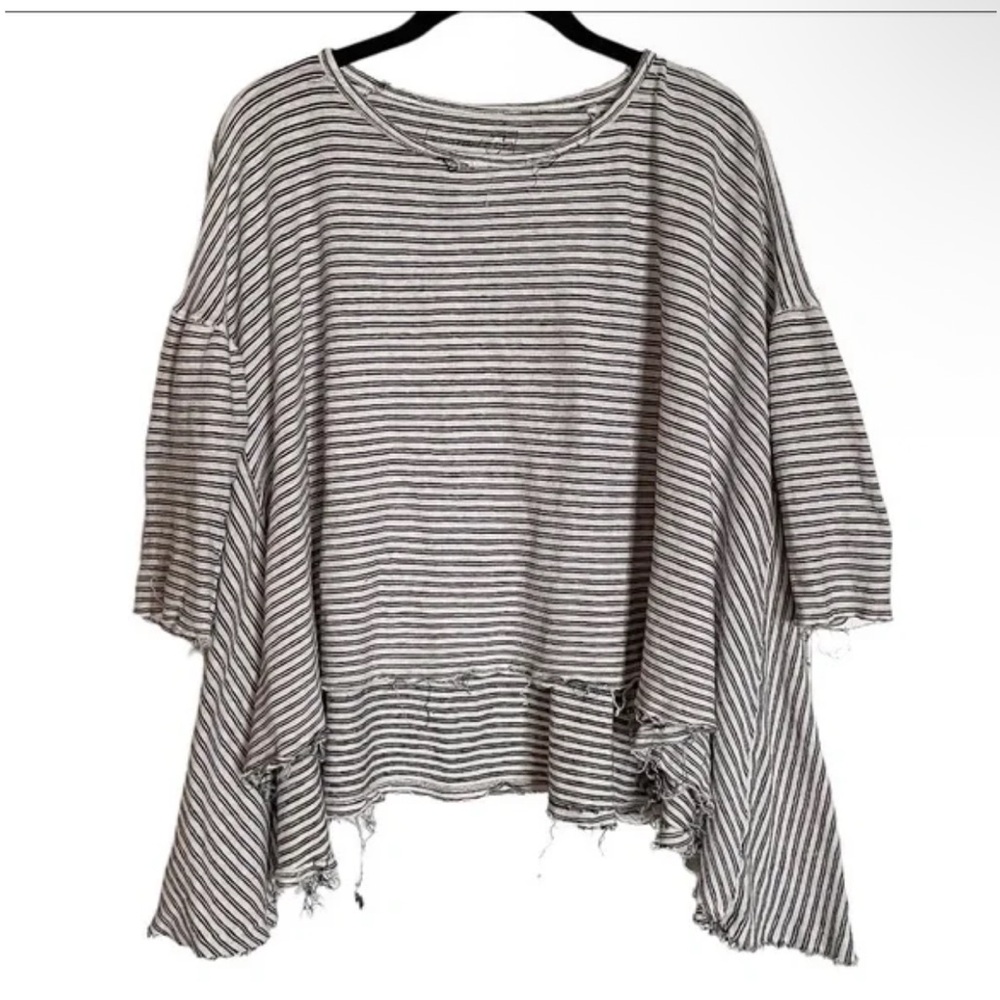 We The Free Linen Stripe Distressed Top Oversized Slouchy